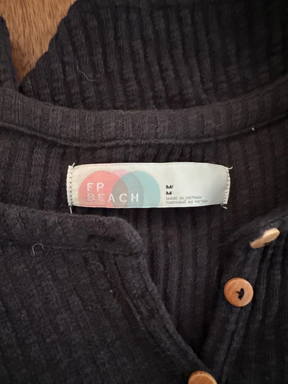 Free People Black Ribbed Henley with Wood Buttons